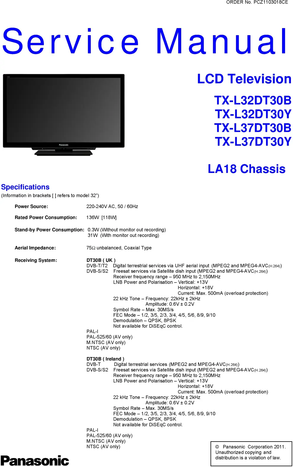 Panasonic tx l37dt30y service manual cover with photo of the television, TV type, chassis code, model code, creation date and document number