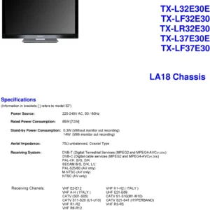 Panasonic tx l37e30e l32e30e service manual cover with photo of the television, TV type, chassis code, model code, creation date and document number