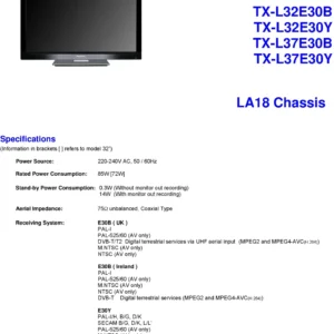 Panasonic tx l37e30y service manual cover with photo of the television, TV type, chassis code, model code, creation date and document number