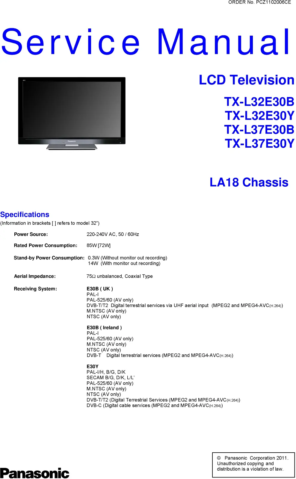 Panasonic tx l37e30y service manual cover with photo of the television, TV type, chassis code, model code, creation date and document number