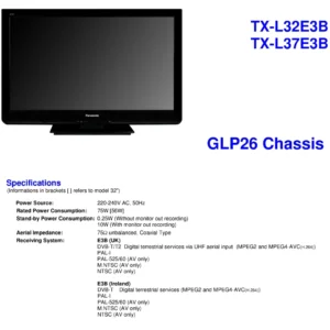 Panasonic tx l37e3b l32e3b service manual cover with photo of the television, TV type, chassis code, model code, creation date and document number