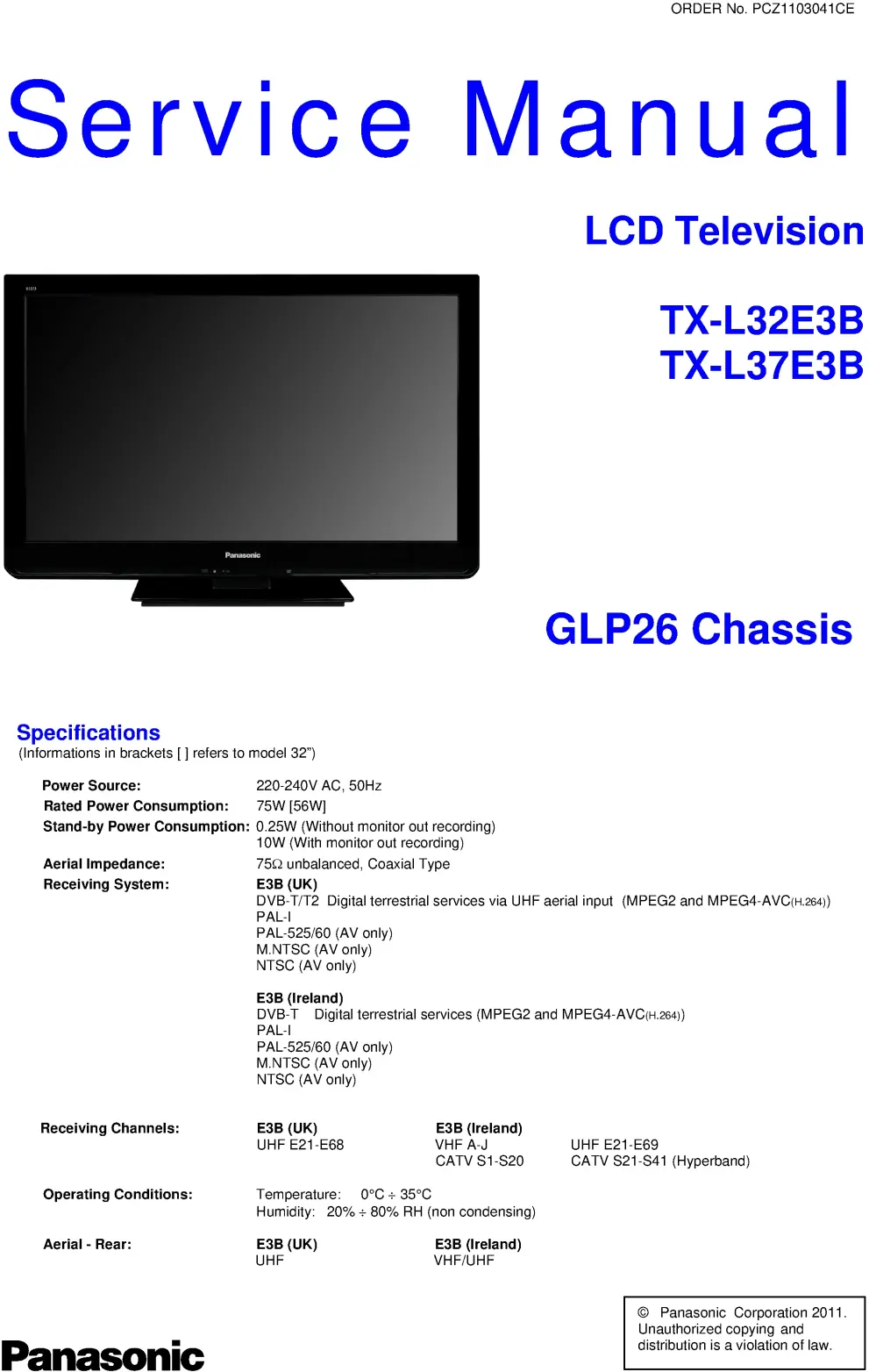 Panasonic tx l37e3b l32e3b service manual cover with photo of the television, TV type, chassis code, model code, creation date and document number