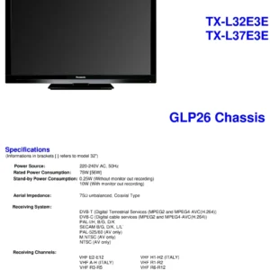 Panasonic tx l37e3e l32e3e service manual cover with photo of the television, TV type, chassis code, model code, creation date and document number