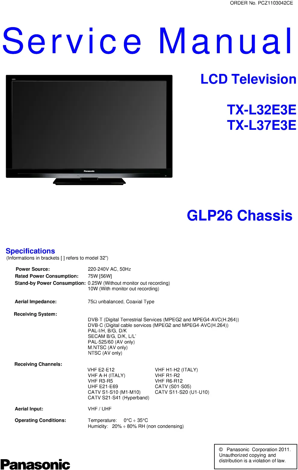 Panasonic tx l37e3e l32e3e service manual cover with photo of the television, TV type, chassis code, model code, creation date and document number