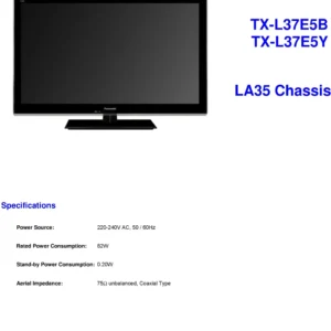 Panasonic tx l37e5b service manual cover with photo of the television, TV type, chassis code, model code, creation date and document number