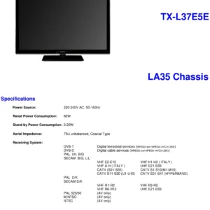 Panasonic tx l37e5e service manual cover with photo of the television, TV type, chassis code, model code, creation date and document number