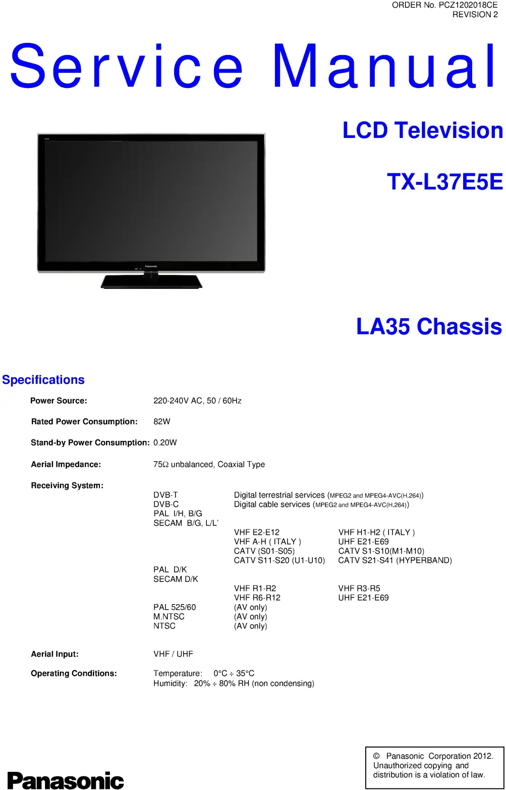 Panasonic tx l37e5e service manual cover with photo of the television, TV type, chassis code, model code, creation date and document number