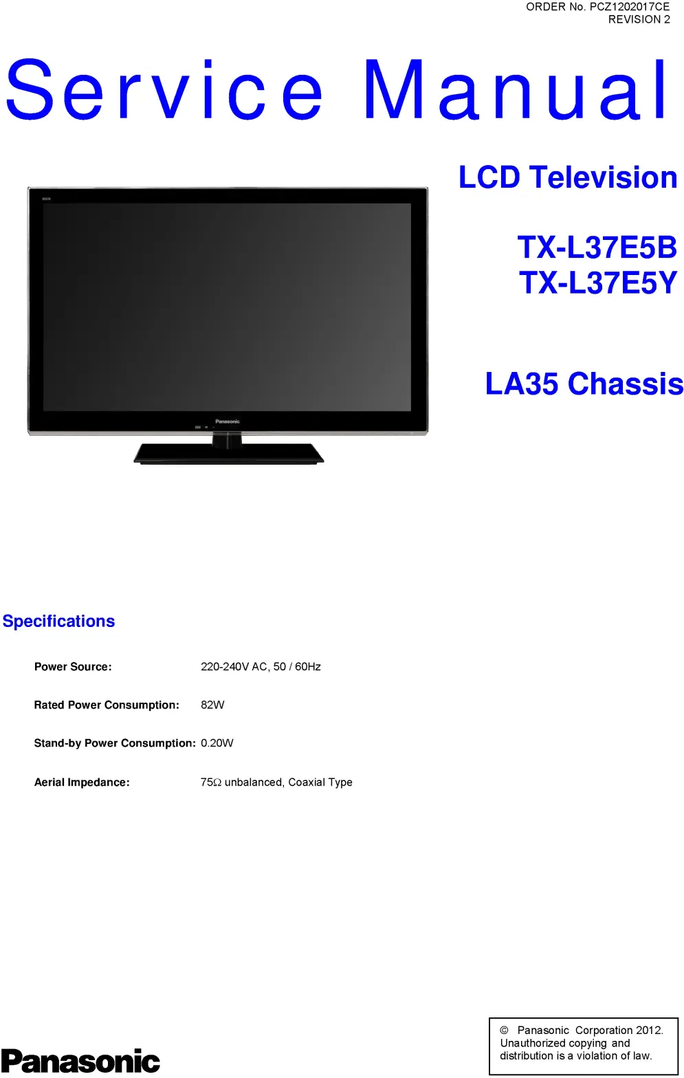 Panasonic tx l37e5y service manual cover with photo of the television, TV type, chassis code, model code, creation date and document number
