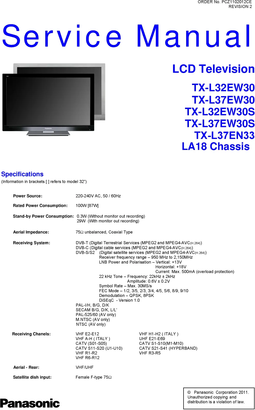 Panasonic tx l37en33 service manual cover with photo of the television, TV type, chassis code, model code, creation date and document number