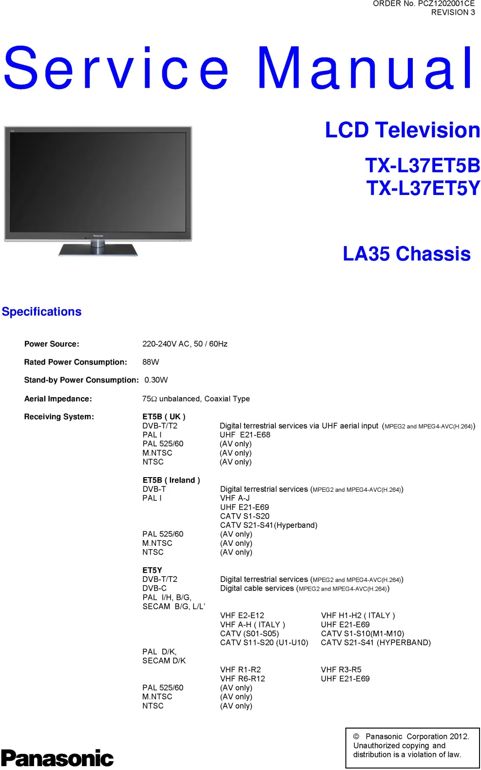 Panasonic tx l37et5b service manual cover with photo of the television, TV type, chassis code, model code, creation date and document number