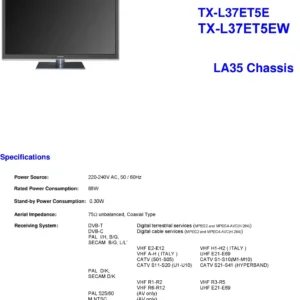 Panasonic tx l37et5e l37et5ew service manual cover with photo of the television, TV type, chassis code, model code, creation date and document number