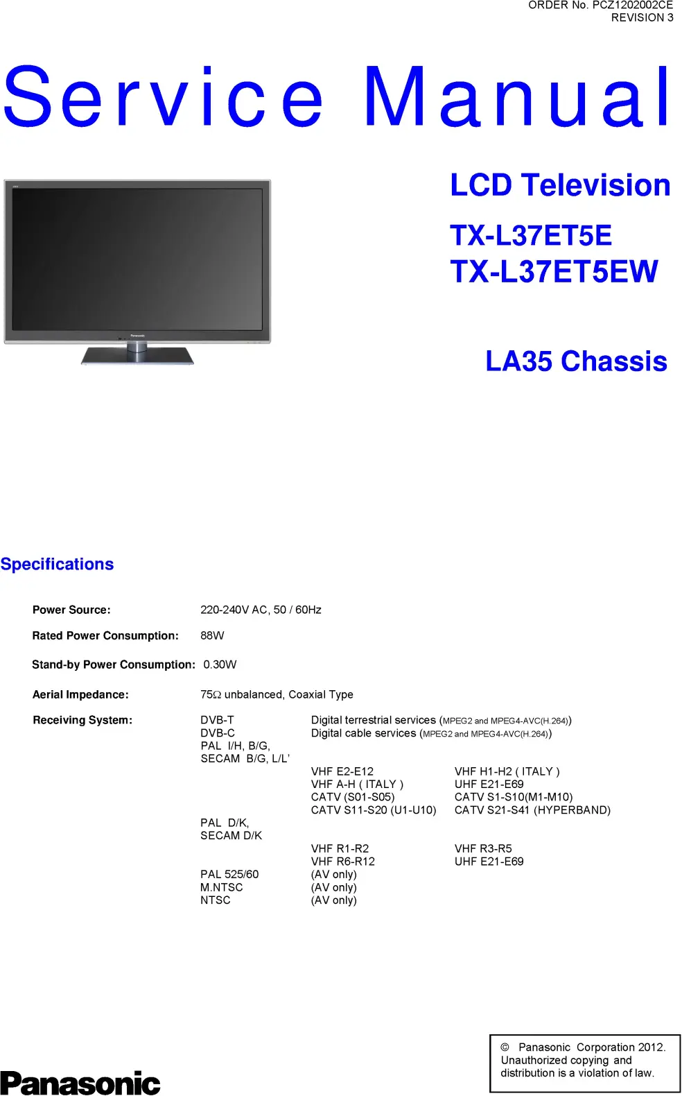 Panasonic tx l37et5e l37et5ew service manual cover with photo of the television, TV type, chassis code, model code, creation date and document number