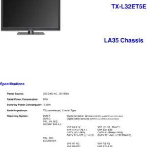 Panasonic tx l37et5ew service manual cover with photo of the television, TV type, chassis code, model code, creation date and document number