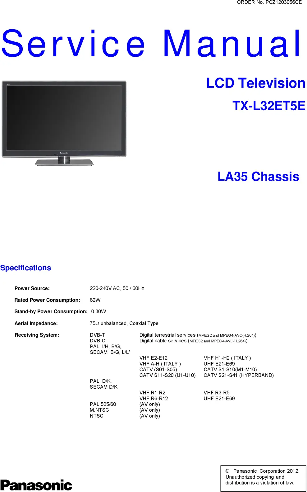 Panasonic tx l37et5ew service manual cover with photo of the television, TV type, chassis code, model code, creation date and document number