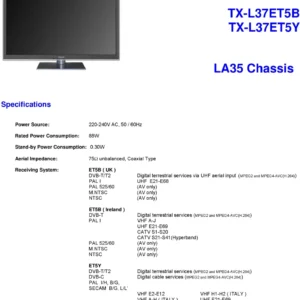 Panasonic tx l37et5y service manual cover with photo of the television, TV type, chassis code, model code, creation date and document number