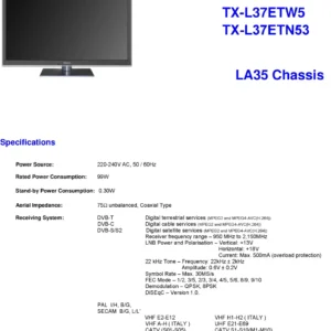 Panasonic tx l37etn53 service manual cover with photo of the television, TV type, chassis code, model code, creation date and document number