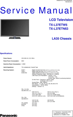 Panasonic tx l37etn53 service manual cover with photo of the television, TV type, chassis code, model code, creation date and document number