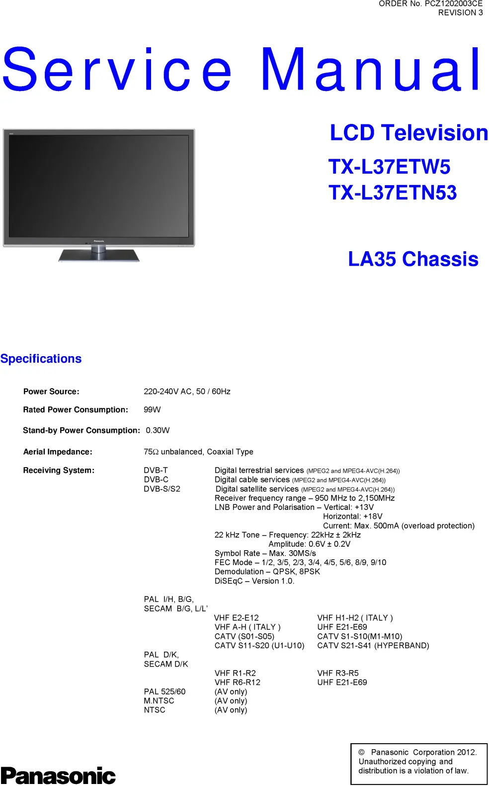 Panasonic tx l37etn53 service manual cover with photo of the television, TV type, chassis code, model code, creation date and document number
