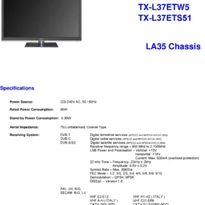 Panasonic tx l37ets51 service manual cover with photo of the television, TV type, chassis code, model code, creation date and document number