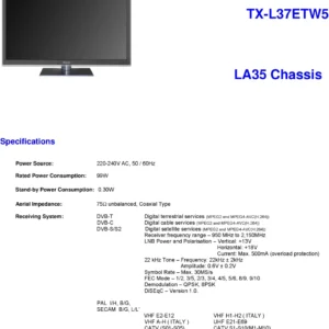 Panasonic tx l37etw5 service manual cover with photo of the television, TV type, chassis code, model code, creation date and document number