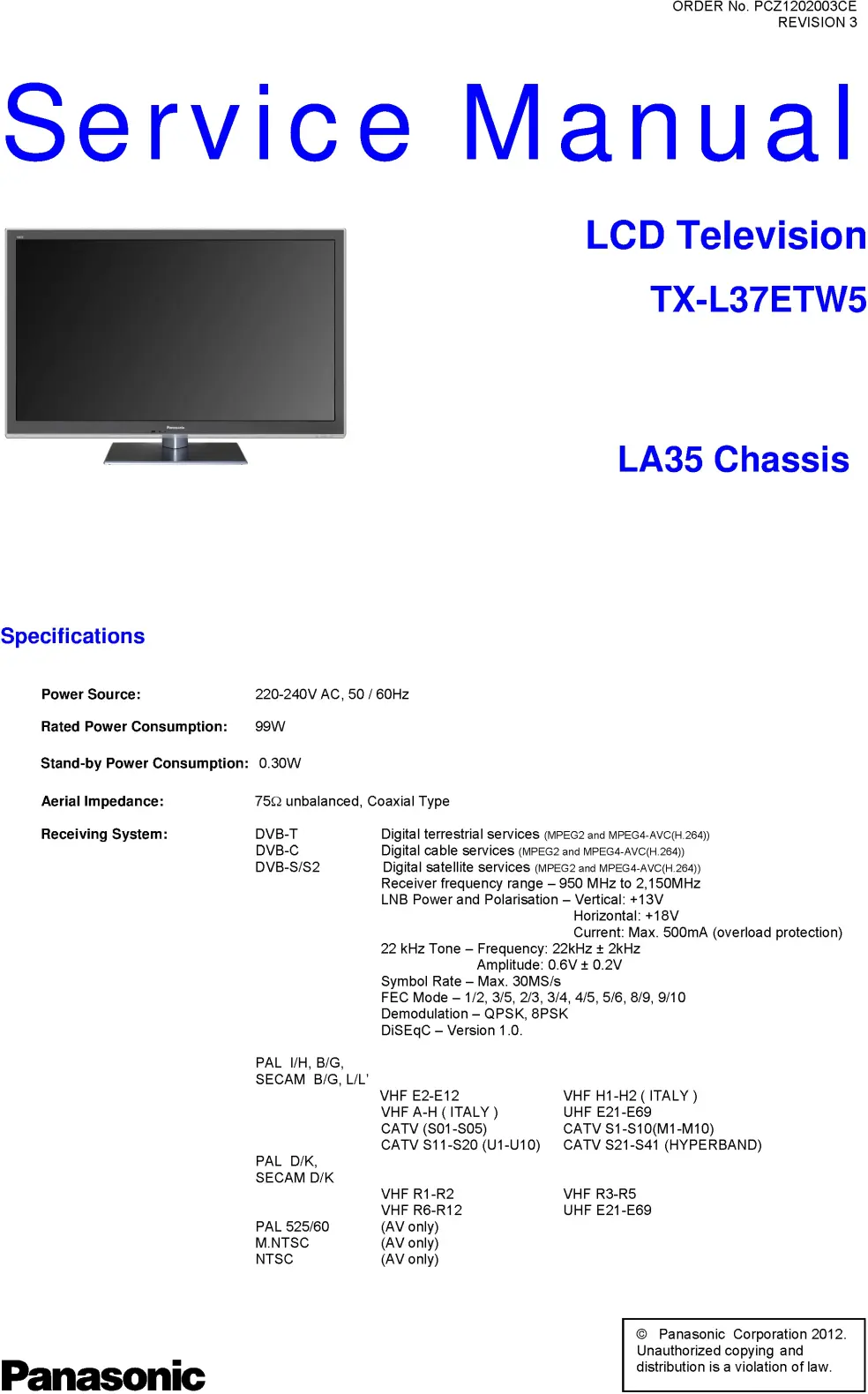 Panasonic tx l37etw5 service manual cover with photo of the television, TV type, chassis code, model code, creation date and document number
