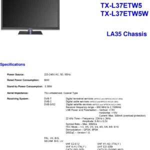 Panasonic tx l37etw5w service manual cover with photo of the television, TV type, chassis code, model code, creation date and document number