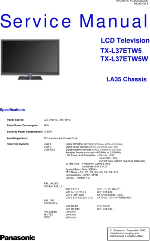 Panasonic tx l37etw5w service manual cover with photo of the television, TV type, chassis code, model code, creation date and document number