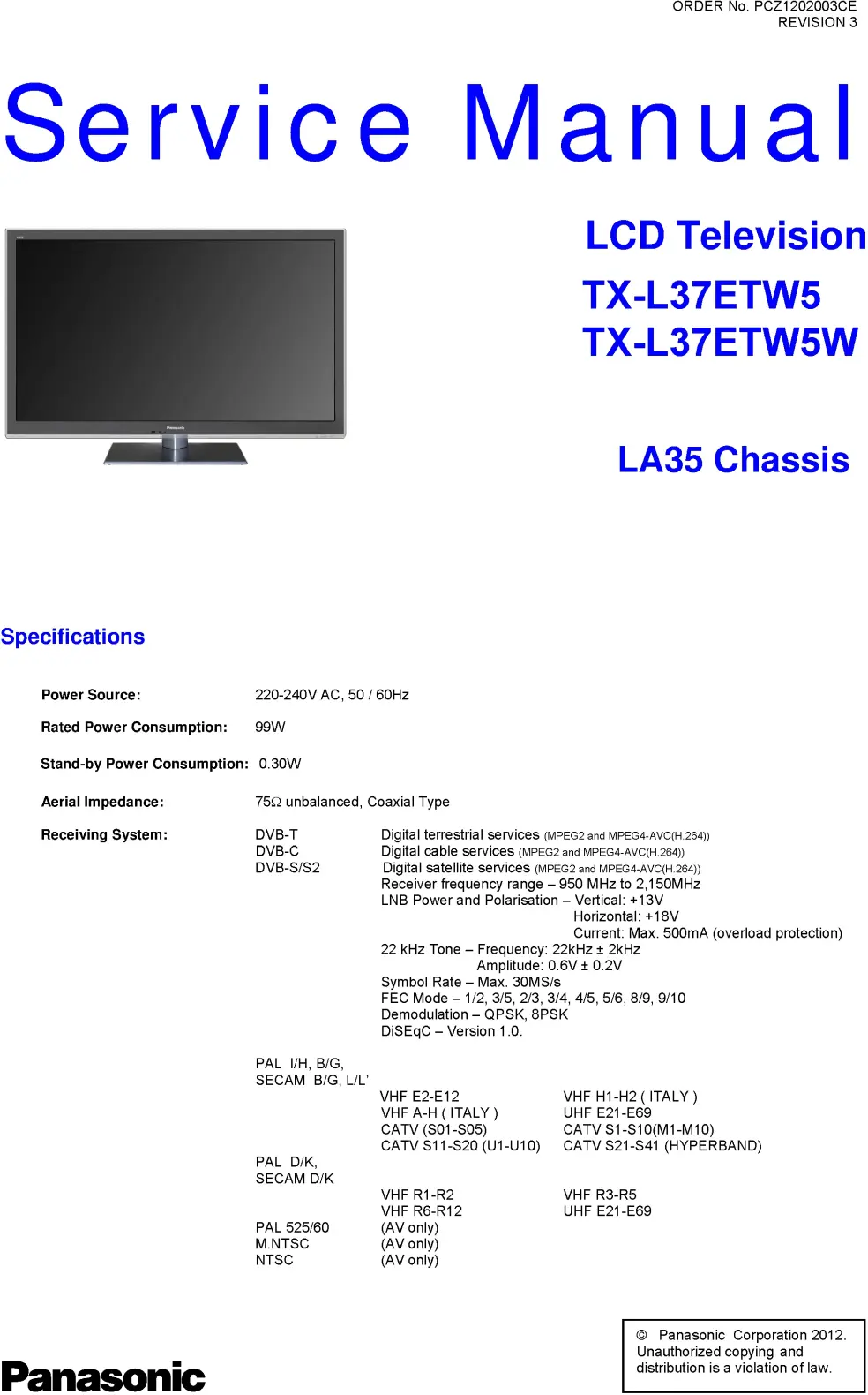 Panasonic tx l37etw5w service manual cover with photo of the television, TV type, chassis code, model code, creation date and document number