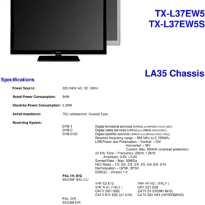 Panasonic tx l37ew5 l37ew5s service manual cover with photo of the television, TV type, chassis code, model code, creation date and document number