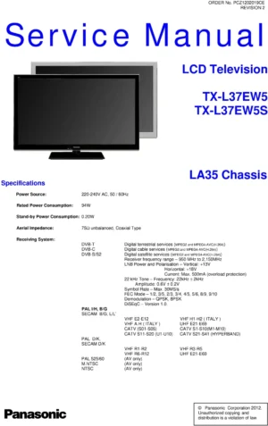 Panasonic tx l37ew5 l37ew5s service manual cover with photo of the television, TV type, chassis code, model code, creation date and document number