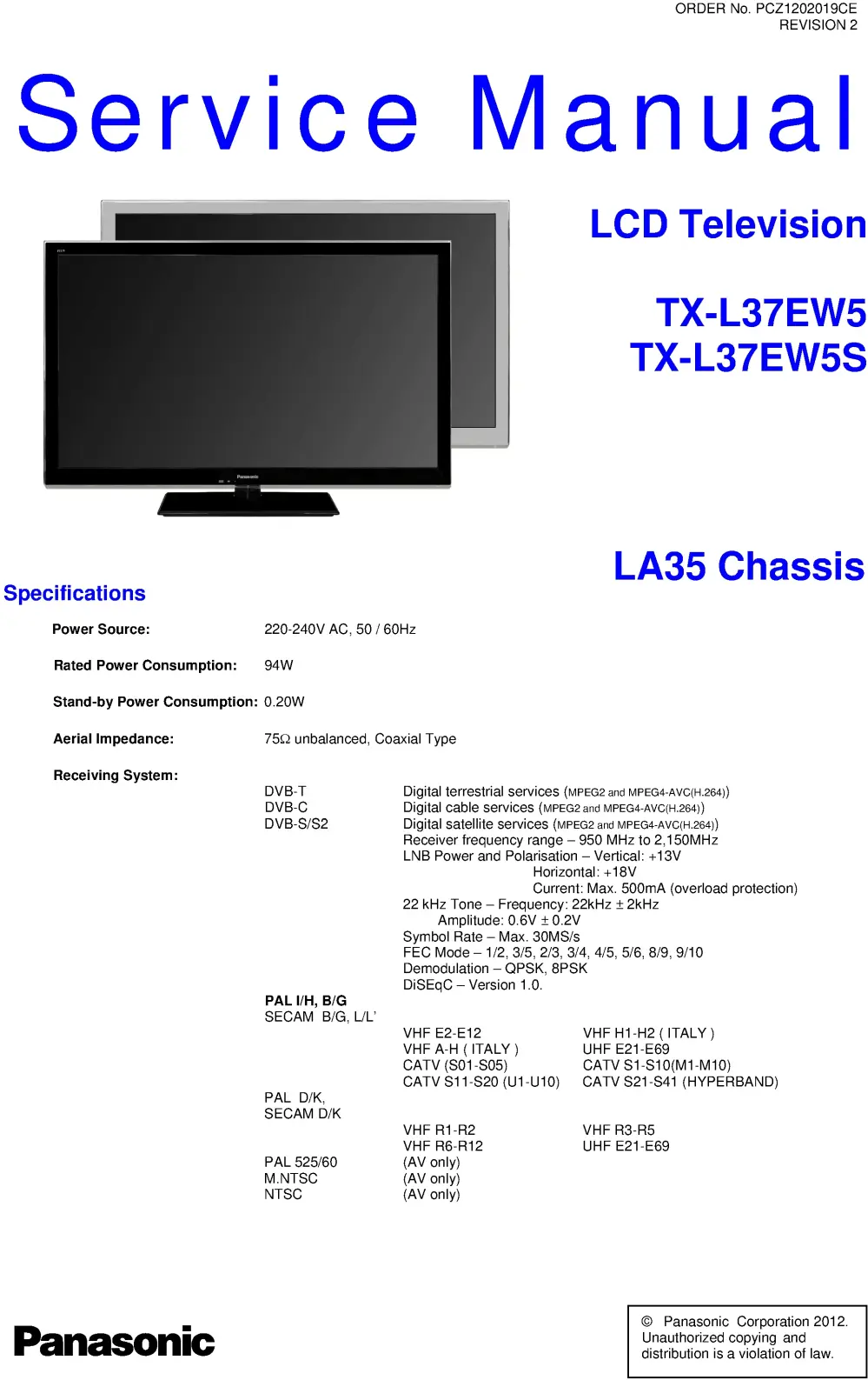 Panasonic tx l37ew5 l37ew5s service manual cover with photo of the television, TV type, chassis code, model code, creation date and document number