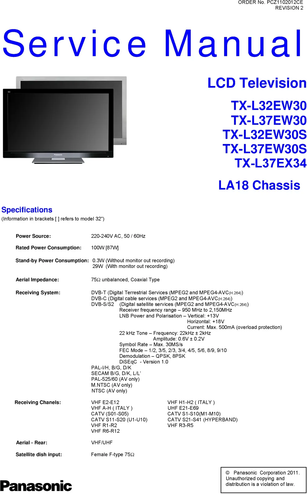 Panasonic tx l37ex34 service manual cover with photo of the television, TV type, chassis code, model code, creation date and document number