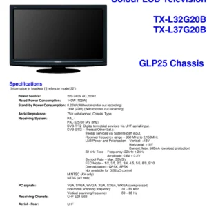Panasonic tx l37g20b service manual cover with photo of the television, TV type, chassis code, model code, creation date and document number