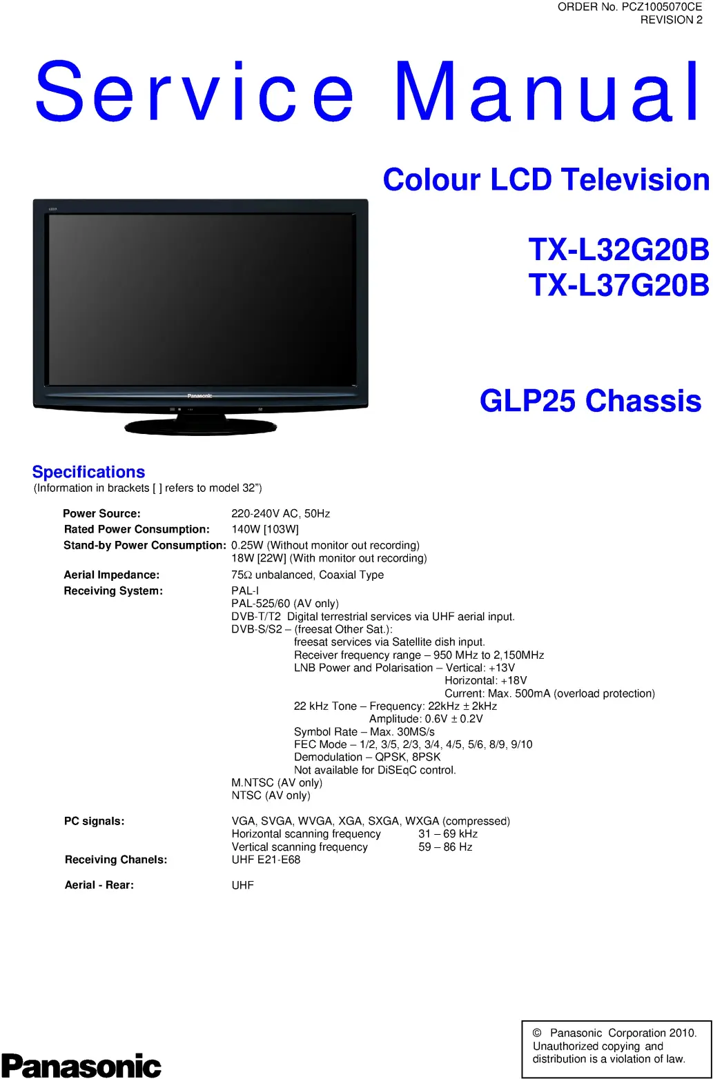 Panasonic tx l37g20b service manual cover with photo of the television, TV type, chassis code, model code, creation date and document number