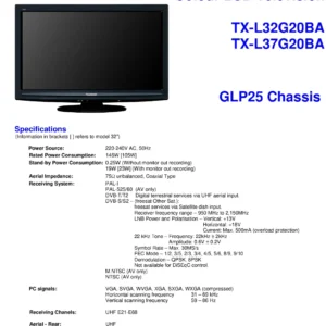 Panasonic tx l37g20ba service manual cover with photo of the television, TV type, chassis code, model code, creation date and document number