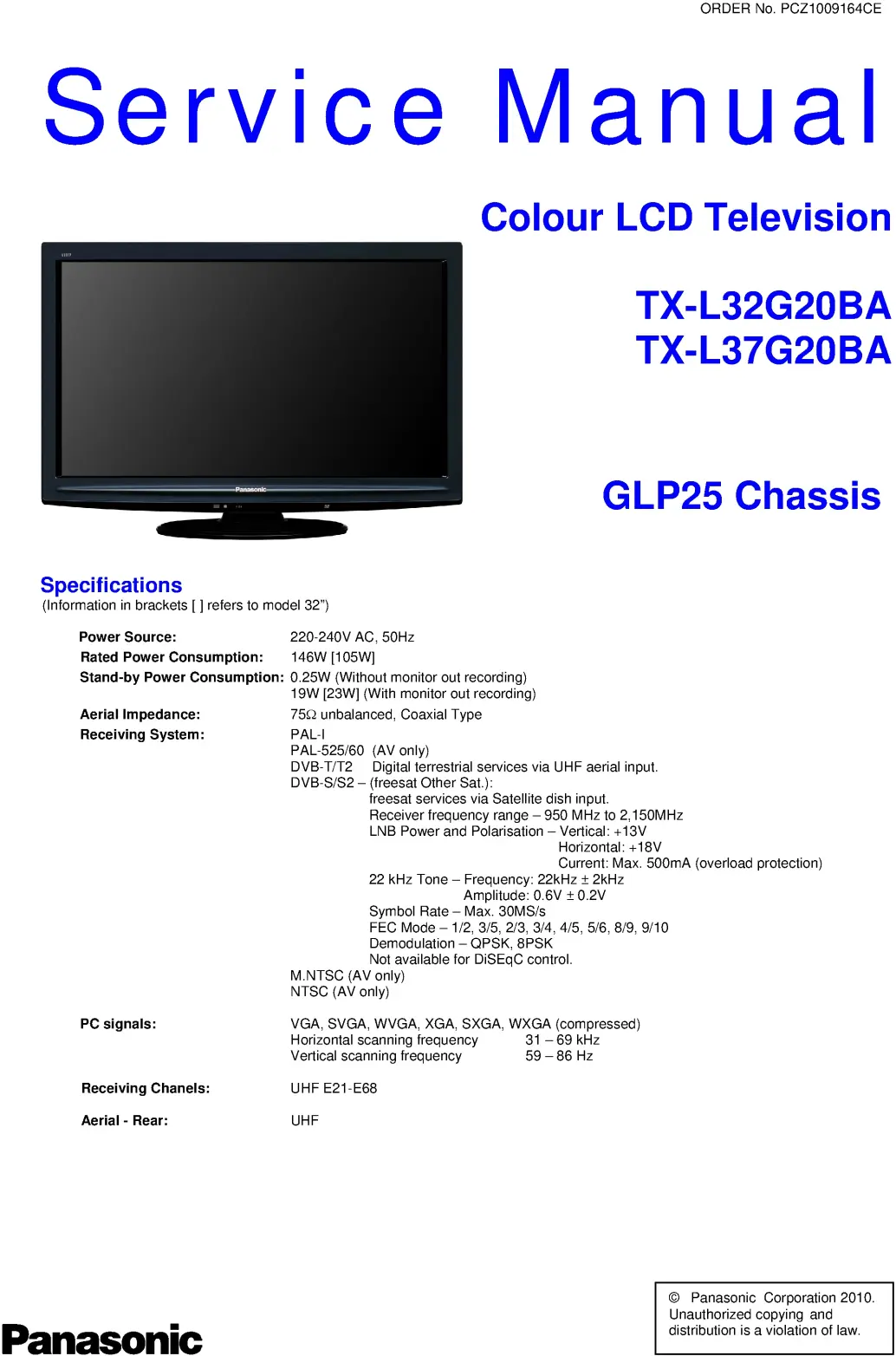 Panasonic tx l37g20ba service manual cover with photo of the television, TV type, chassis code, model code, creation date and document number