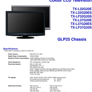 Panasonic tx l37g20e l37g20es service manual cover with photo of the television, TV type, chassis code, model code, creation date and document number