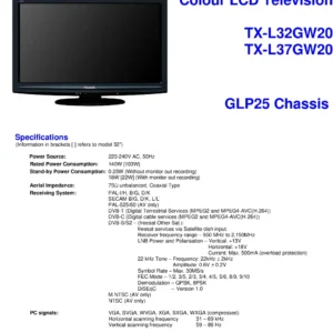Panasonic tx l37gw20 service manual cover with photo of the television, TV type, chassis code, model code, creation date and document number