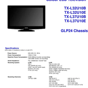 Panasonic tx l37u10 l32u10 service manual cover with photo of the television, TV type, chassis code, model code, creation date and document number