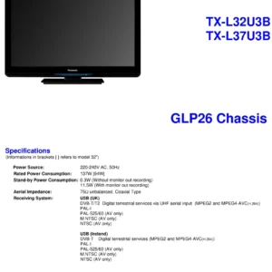 Panasonic tx l37u3b service manual cover with photo of the television, TV type, chassis code, model code, creation date and document number