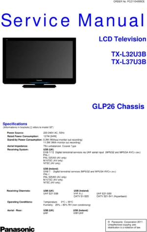 Panasonic tx l37u3b service manual cover with photo of the television, TV type, chassis code, model code, creation date and document number