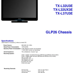 Panasonic tx l37u3e service manual cover with photo of the television, TV type, chassis code, model code, creation date and document number