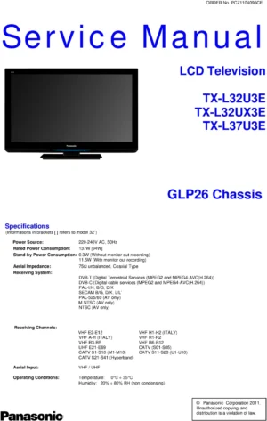 Panasonic tx l37u3e service manual cover with photo of the television, TV type, chassis code, model code, creation date and document number