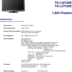 Panasonic tx l37v20e service manual cover with photo of the television, TV type, chassis code, model code, creation date and document number