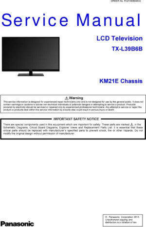 Panasonic tx l39b6b service manual cover with photo of the television, TV type, chassis code, model code, creation date and document number