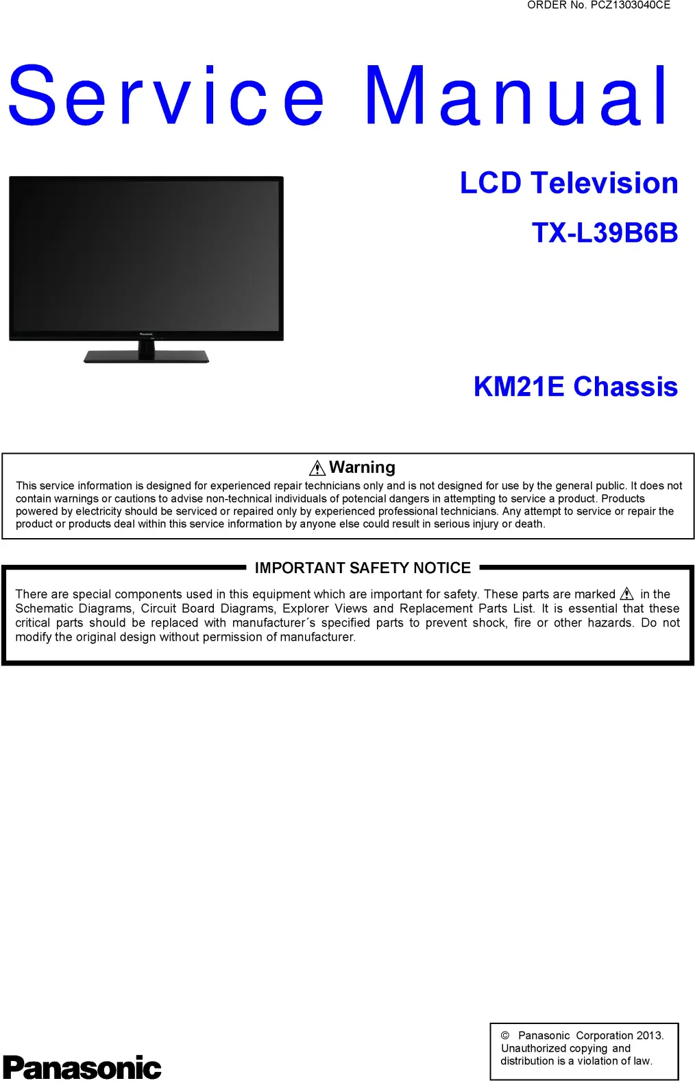 Panasonic tx l39b6b service manual cover with photo of the television, TV type, chassis code, model code, creation date and document number