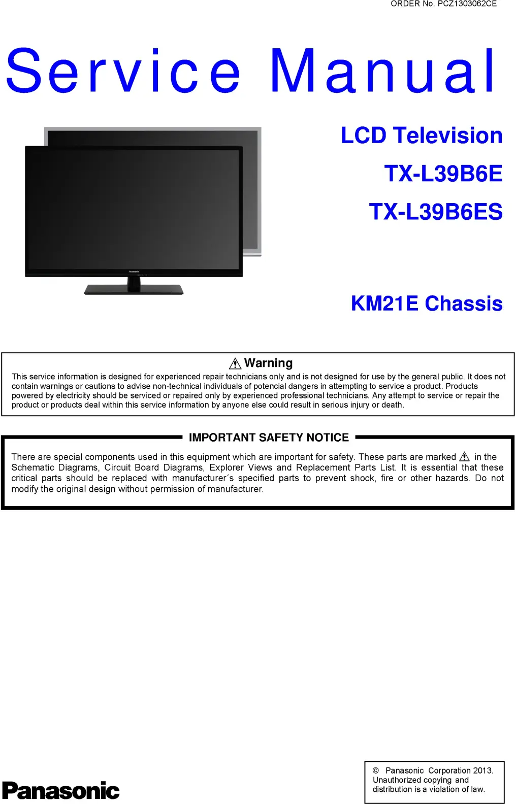 Panasonic tx l39b6e l39b6es service manual cover with photo of the television, TV type, chassis code, model code, creation date and document number
