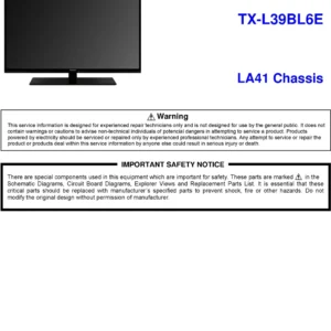 Panasonic tx l39bl6e service manual cover with photo of the television, TV type, chassis code, model code, creation date and document number