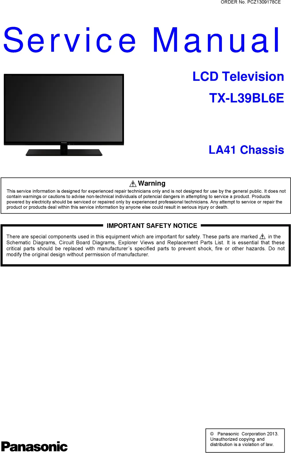 Panasonic tx l39bl6e service manual cover with photo of the television, TV type, chassis code, model code, creation date and document number