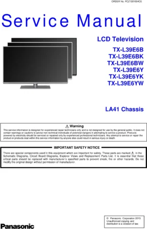 Panasonic tx l39e6b l39e6bw l39e6bk service manual cover with photo of the television, TV type, chassis code, model code, creation date and document number